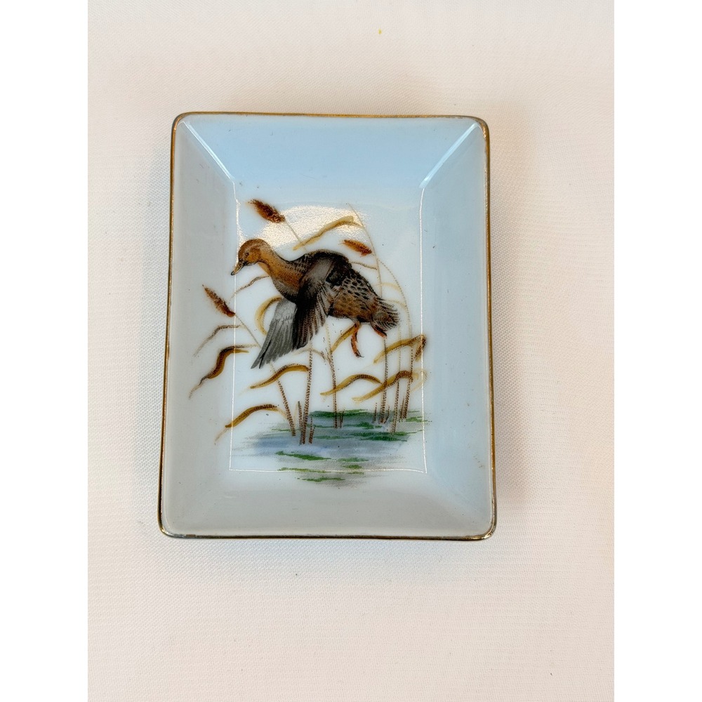 Vintage Hand Painted Japan Porcelain Trinket Dish Mallard Duck Gold Trim Tray